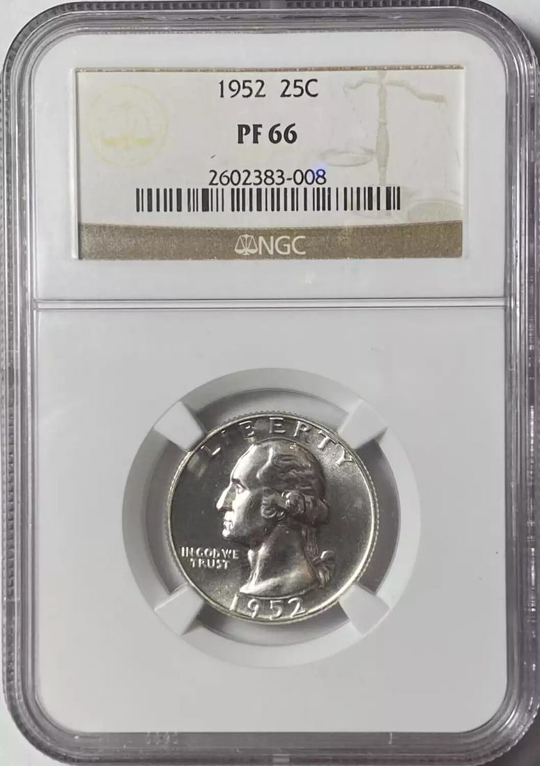 1952 P NGC PF-66 Silver Quarter Dollar Uncirculated: 1952 P NGC PF-66 Silver Quarter Dollar Uncirculated This 1952 P Quarter Dollar is a stunning piece of silver coinage, certified by NGC with a grade of PF-66. It features an uncirculated condition and 