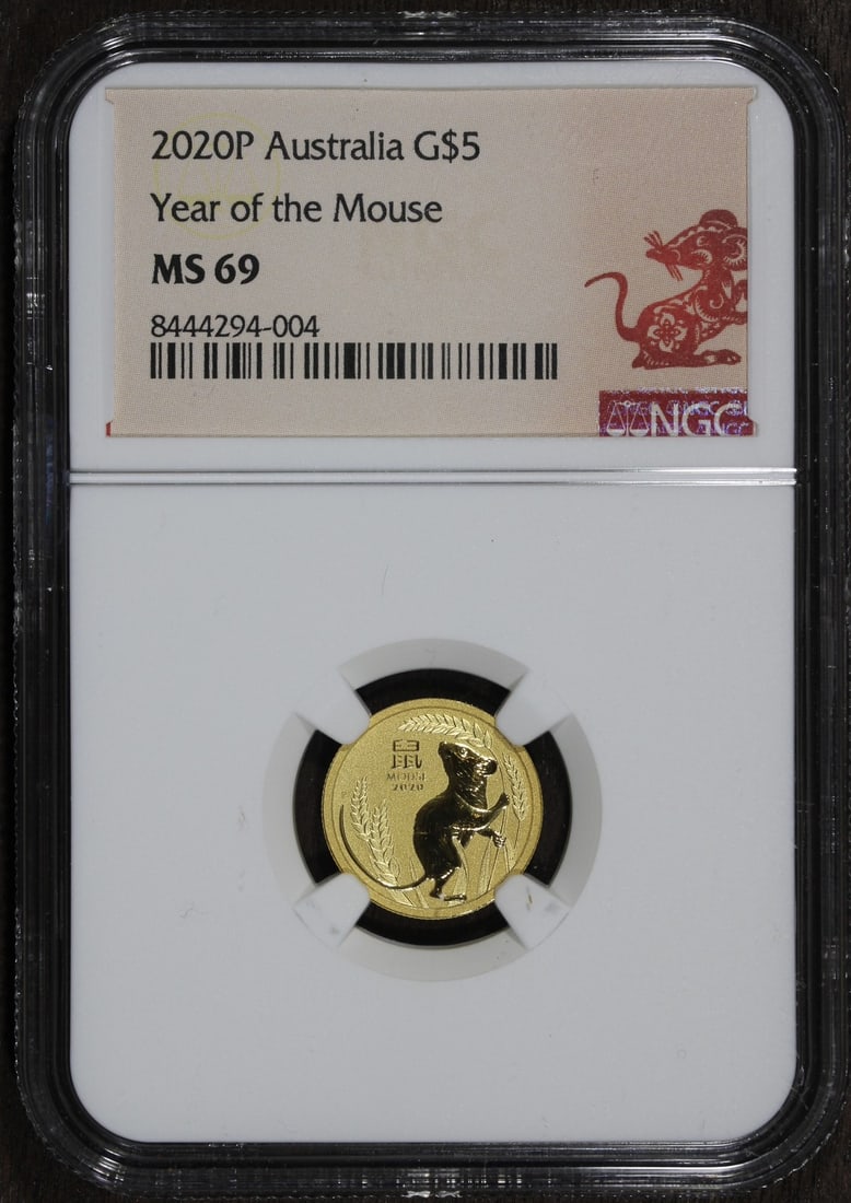 NGC MS69 2020-P Perth Mint Lunar Mouse Gold $5 Coin: NGC MS69 2020-P Perth Mint Lunar Mouse Gold $5 Coin This 2020 Australian Lunar Series coin celebrates the Year of the Mouse and is struck from 1/10 oz of 0.9999 fine gold. Graded MS 69 by NGC, it was 