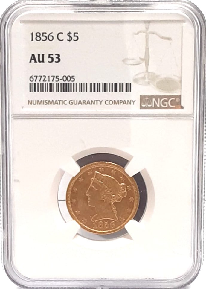 NGC AU-53 1856-C Liberty Head $5 Gold Half Eagle Charlotte Mint: NGC AU-53 1856-C Liberty Head $5 Gold Half Eagle Charlotte Mint This 1856-C Liberty Head $5 Half Eagle gold coin was minted in Charlotte and is certified by NGC with a grade of AU-53. Composed of 90% 