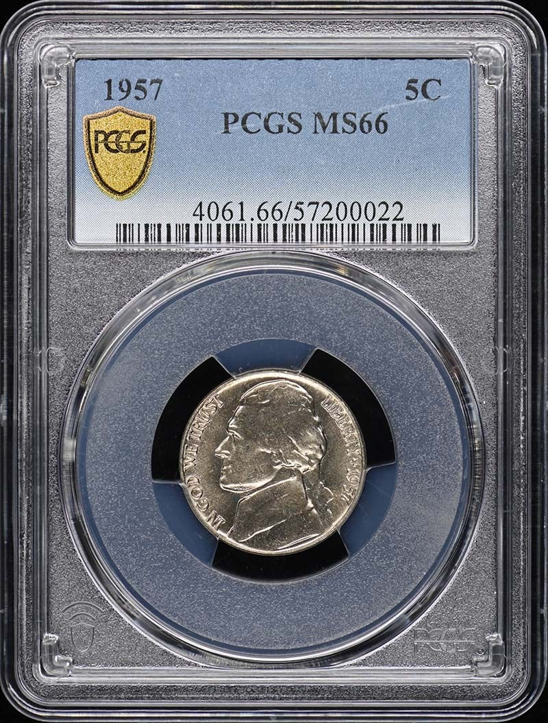 1957 Jefferson Nickel PCGS MS66 Uncirculated Philadelphia Mint: 1957 Jefferson Nickel PCGS MS66 Uncirculated Philadelphia Mint This 1957 5C Jefferson Nickel is certified by PCGS and boasts an impressive grade of MS66, indicating its uncirculated condition. Minted 