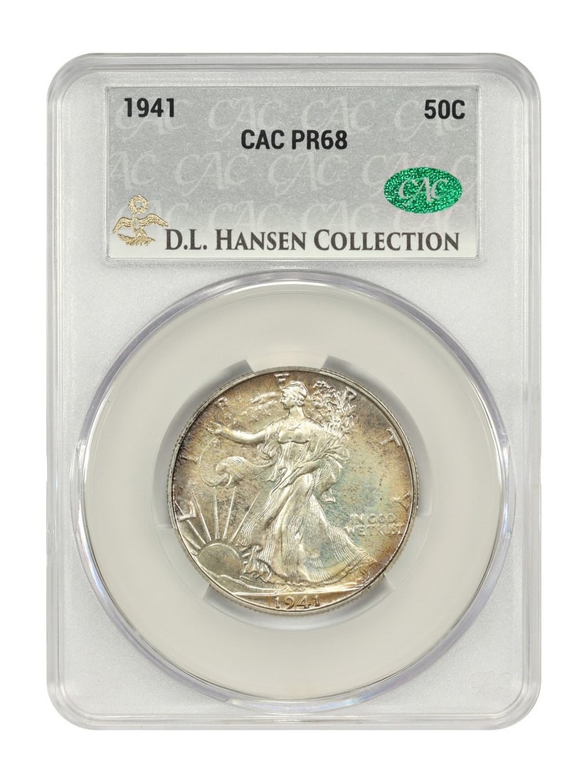 CACG PR68 1941 Walking Liberty Half Dollar Proof: CACG PR68 1941 Walking Liberty Half Dollar Proof This 1941 Walking Liberty Half Dollar is a visually striking coin featuring natural tan and orange tones. It originates from a limited mintage of 15,41