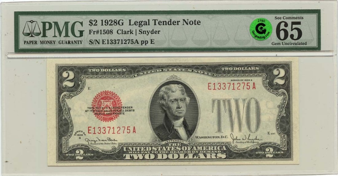 PMG Certified 1928 $2 Legal Tender Note Gem Uncirculated 65 EPQ: PMG Certified 1928 $2 Legal Tender Note Gem Uncirculated 65 EPQ This is a 1928 $2 Legal Tender Note from the United States, certified by PMG with a grade of GEM 65 EPQ. The note is uncirculated and ha