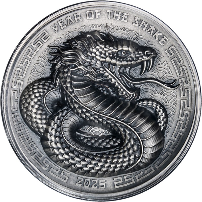 2025 Fiji 1 oz Silver $2 Year of the Snake Antiqued Coin OGP COA: 2025 Fiji 1 oz Silver $2 Year of the Snake Antiqued Coin OGP COA Celebrate the Year of the Snake with this stunning 2025 Fiji 1 Ounce Silver $2 coin featuring an exquisite antiqued finish. This piece 