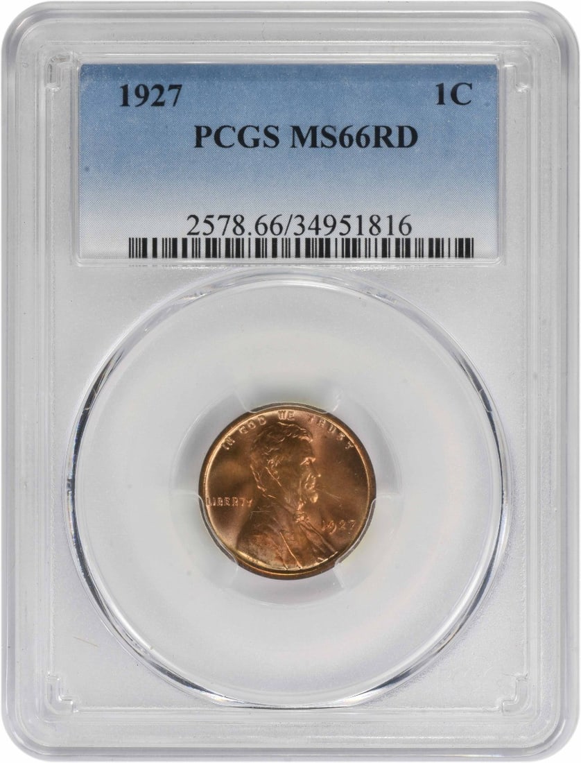 1927-P Lincoln Cent MS66RD Uncirculated PCGS Certified: 1927-P Lincoln Cent MS66RD Uncirculated PCGS Certified This 1927-P Lincoln Cent is certified by PCGS with a remarkable grade of MS66RD, indicating its uncirculated condition and high quality. Minted i