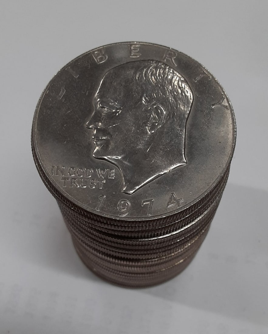 Roll of 20 Uncirculated 1974 Eisenhower Dollars from Philadelphia: Roll of 20 Uncirculated 1974 Eisenhower Dollars from Philadelphia This is a roll of 20 brilliant uncirculated 1974 Eisenhower 'Ike' Dollar coins. Each coin is composed of copper-nickel and was minted 
