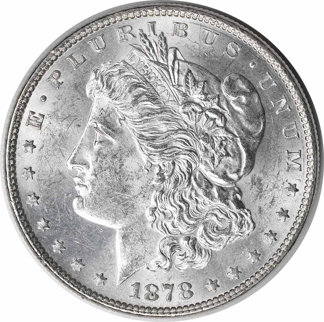 Choice BU 1878 Silver Dollar Morgan 7 Tailfeathers Reverse Uncertified: Choice BU 1878 Silver Dollar Morgan 7 Tailfeathers Reverse Uncertified This 1878 Morgan Silver Dollar features the 7 Tail Feathers Reverse of 1878 design. The coin is uncirculated and graded as Choice