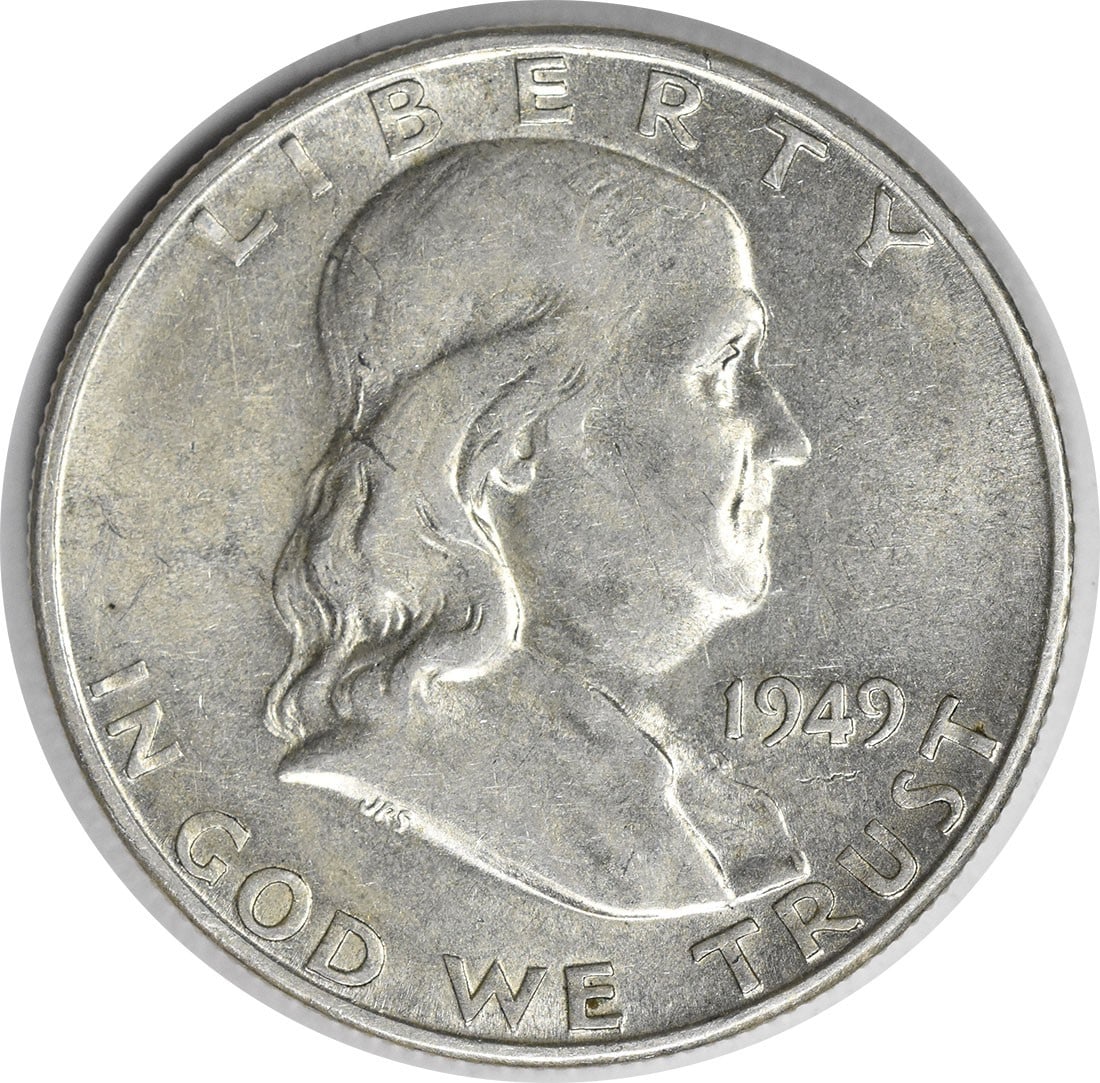 1949-S San Francisco Franklin Half Dollar 90 Percent Silver AU Uncertified: 1949-S San Francisco Franklin Half Dollar 90 Percent Silver AU Uncertified This is a 1949-S Franklin Half Dollar coin from the United States, featuring a composition of 90% silver and 10% copper. Stru
