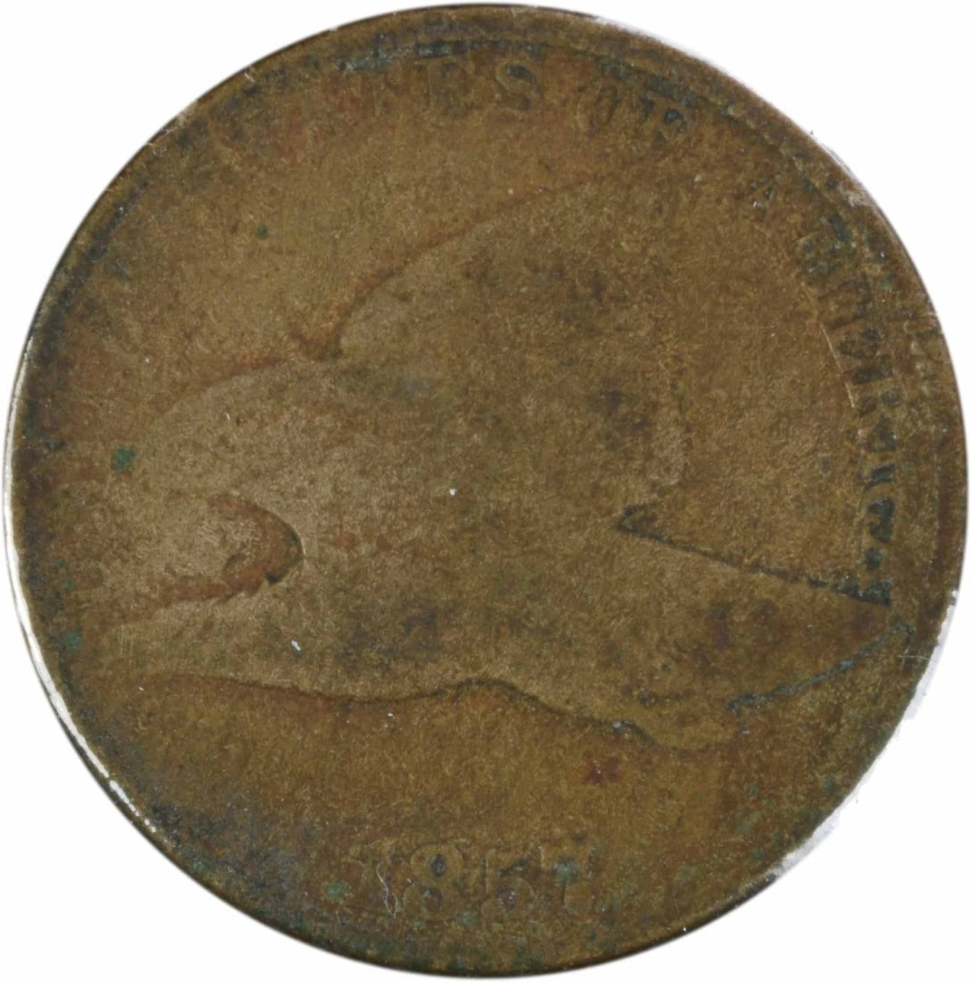 1857 Flying Eagle Cent FS-402 S-9 Clash Variety G Uncertified: 1857 Flying Eagle Cent FS-402 S-9 Clash Variety G Uncertified This 1857 Flying Eagle Cent is a circulated coin featuring a clash with a Seated 50c, designated as FS-402 S-9. Struck in Philadelphia, it