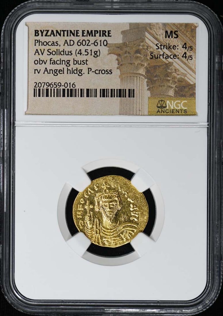 Byzantine Empire Phocas AV Solidus NGC MS 4/4: Byzantine Empire Phocas AV Solidus NGC MS 4/4 This is a gold solidus coin from the reign of Phocas, who ruled the Byzantine Empire from AD 602 to 610. The coin has been graded Mint State (MS) by NGC a