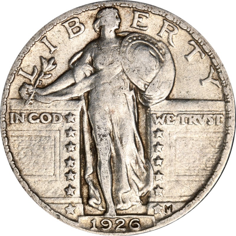 1926 Philadelphia Silver Standing Liberty Quarter United States Coin: 1926 Philadelphia Silver Standing Liberty Quarter United States Coin This is a 1926-P Standing Liberty Quarter from the United States. The coin is composed of silver with a fineness of 0.9 and was min