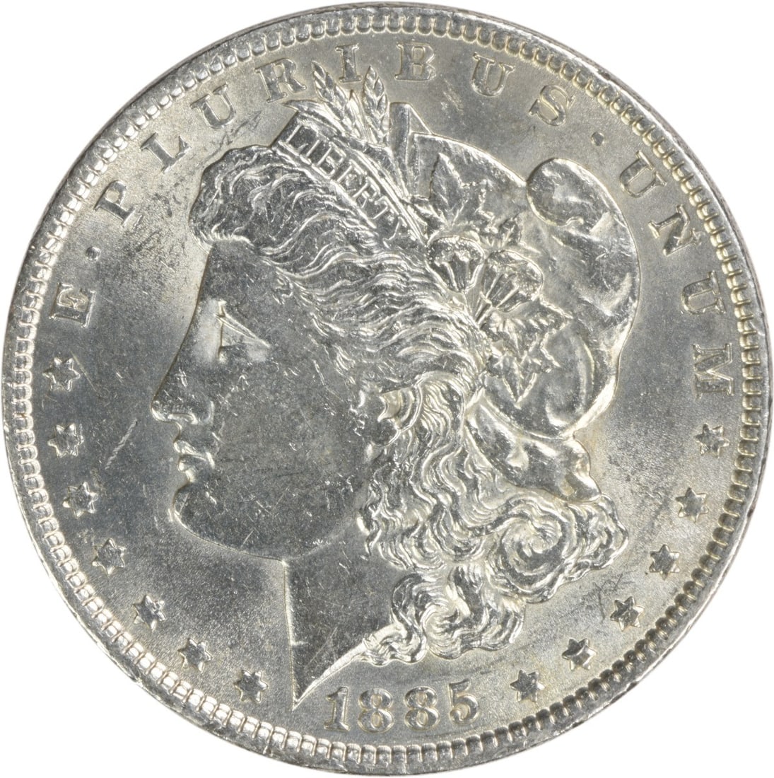 Brilliant Uncirculated 1885 Silver Morgan Dollar Uncertified No Mint Mark: Brilliant Uncirculated 1885 Silver Morgan Dollar Uncertified No Mint Mark This is an 1885 Morgan Silver Dollar from the United States, featuring a Brilliant Uncirculated (BU) grade. The coin is uncert