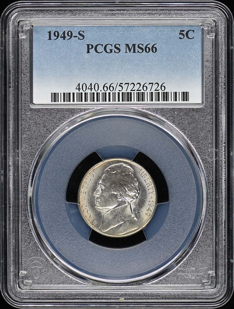 1949-S Jefferson Nickel PCGS MS66 Uncirculated Coin: 1949-S Jefferson Nickel PCGS MS66 Uncirculated Coin This 1949-S Jefferson Nickel, certified by PCGS with a grade of MS66, showcases exceptional quality and is in uncirculated condition. Minted in San 
