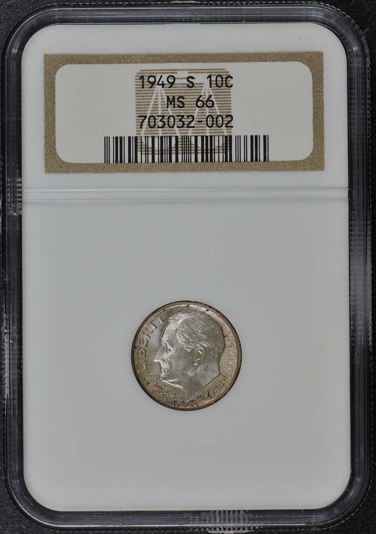 1949 S Roosevelt Dime Silver NGC MS66 Uncirculated Coin: 1949 S Roosevelt Dime Silver NGC MS66 Uncirculated Coin This 1949 S Roosevelt Dime is a remarkable piece of numismatic history, certified by NGC with a high grade of MS66, indicating its uncirculated 