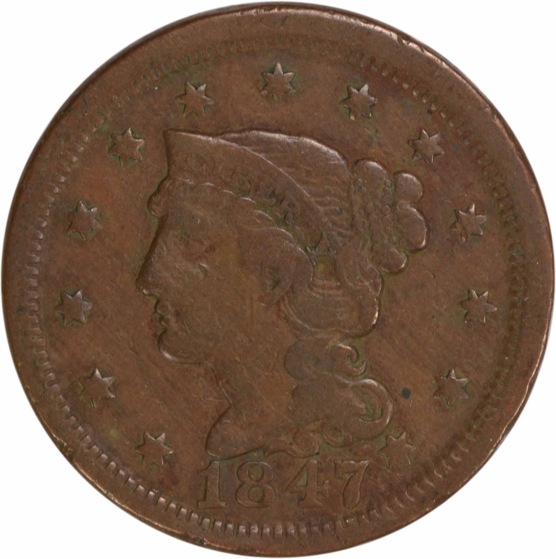 1847 Braided Hair Large Cent VF Uncertified Copper Coin: 1847 Braided Hair Large Cent VF Uncertified Copper Coin This 1847 Large Cent features the iconic Braided Hair design by Christian Gobrecht. It is a circulated coin with a very fine (VF) grade, showcas