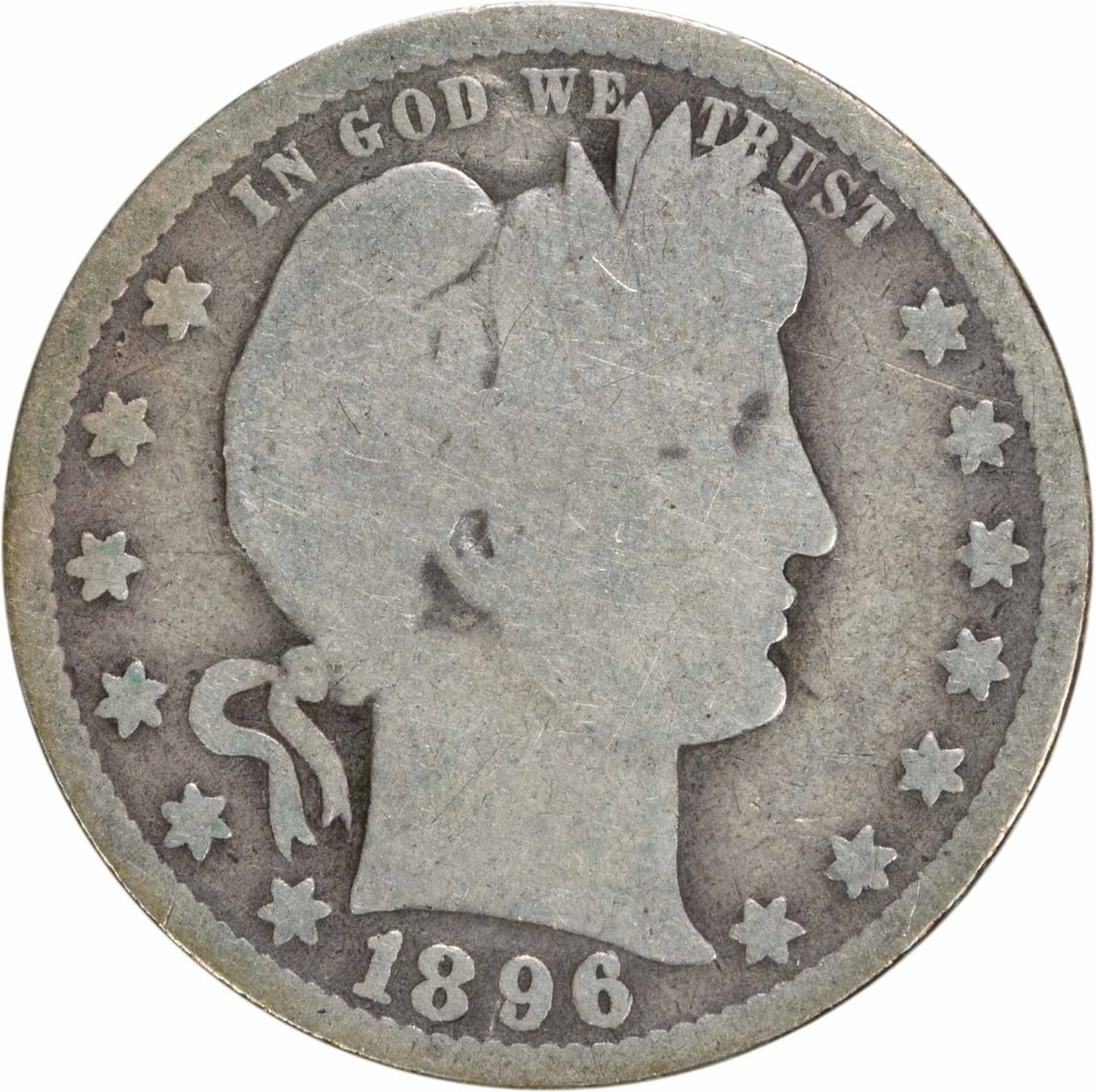 1896-O Barber Silver Quarter 25C G Uncertified New Orleans: 1896-O Barber Silver Quarter 25C G Uncertified New Orleans This 1896-O Barber Silver Quarter is a must-have for any coin collector. Struck in New Orleans, this quarter features a classic design by Cha
