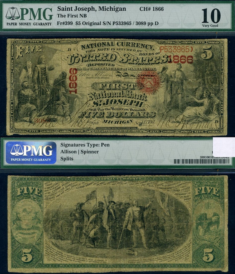 $5 St. Joseph MI Original National Bank Note PMG VG10: $5 St. Joseph MI Original National Bank Note PMG VG10 This $5 Original National Bank Note from St. Joseph, MI, is a noteworthy collectible. Graded PMG VG10, this note is a nice circulated example that