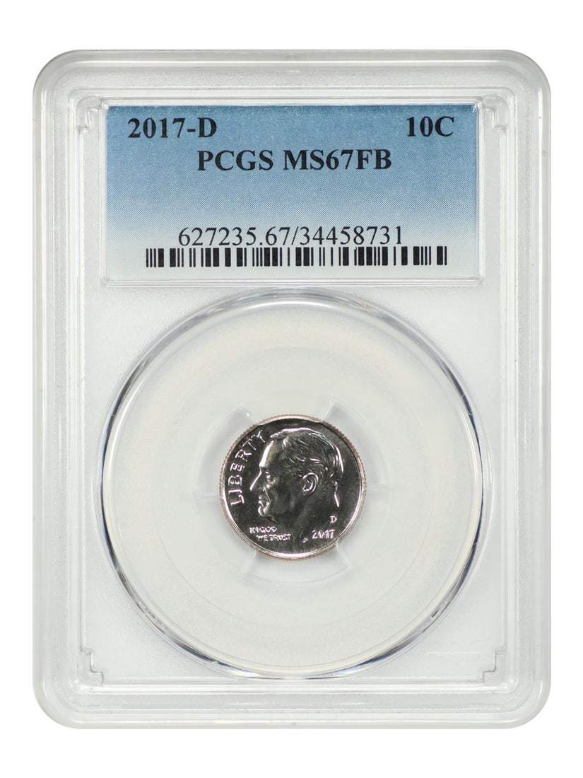 PCGS MS67FB 2017 Denver Roosevelt Dime 10C Uncirculated: PCGS MS67FB 2017 Denver Roosevelt Dime 10C Uncirculated This is a 2017 Roosevelt Dime minted in Denver, graded MS67FB by PCGS. The coin is uncirculated and features the Full Bands (FB) designation, in