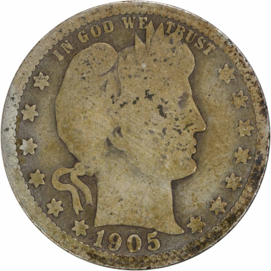 1905-O Barber Silver Quarter 25C G Uncertified Coin: 1905-O Barber Silver Quarter 25C G Uncertified Coin This 1905-O Barber Silver Quarter features a historic design by Charles E. Barber. Minted in New Orleans, this coin is part of a limited mintage of 