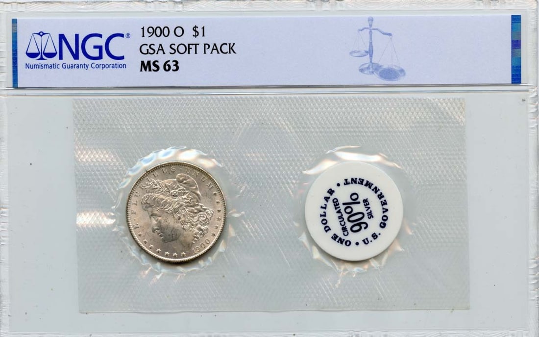 Morgan Dollar 1900-O Uncirculated NGC MS63 in GSA Soft Pack: Morgan Dollar 1900-O Uncirculated NGC MS63 in GSA Soft Pack This 1900-O Morgan Dollar features the iconic design and was minted in New Orleans. Graded MS63 by NGC, it is uncirculated and comes in a GS
