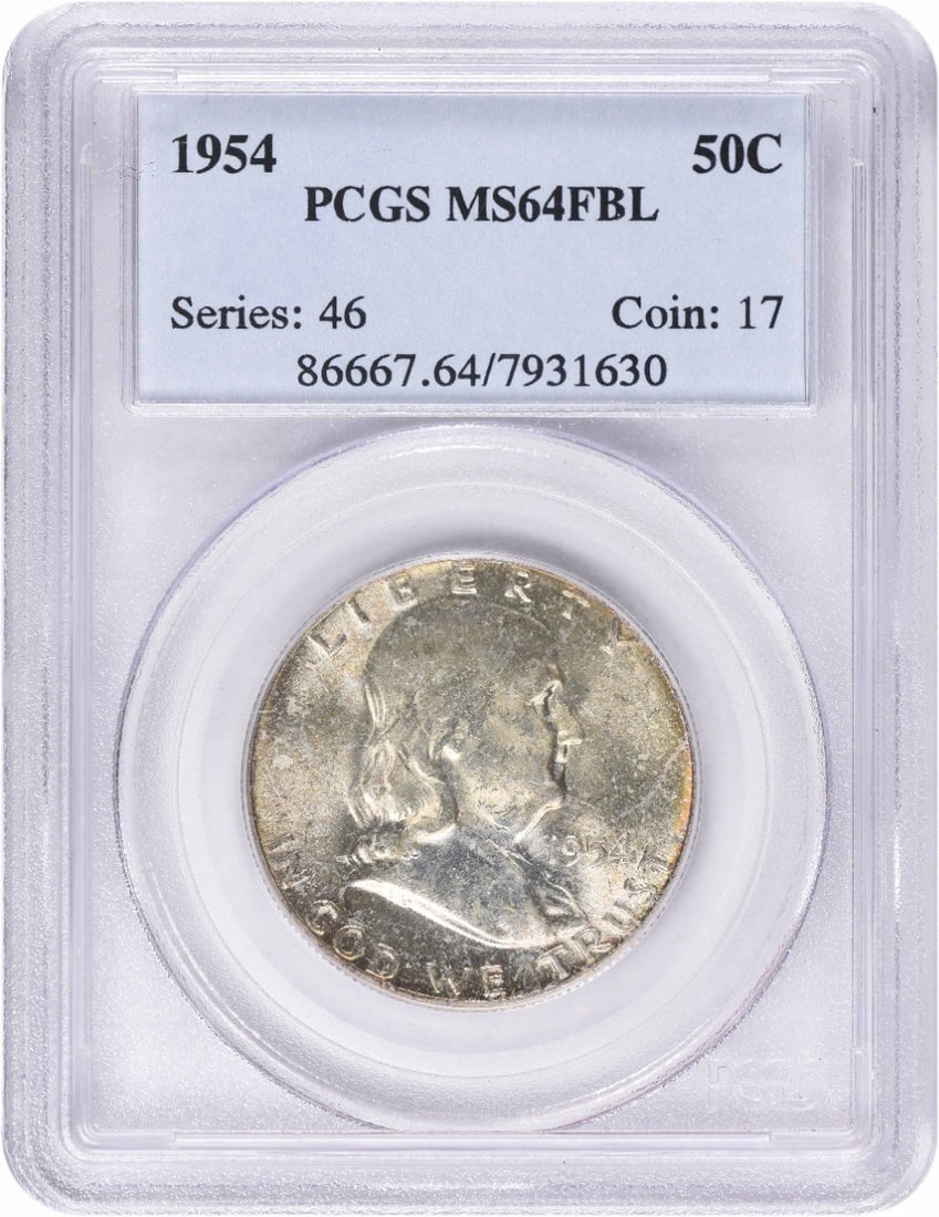 1954 Franklin Half Dollar 90 Percent Silver PCGS MS64FBL Graded Coin: 1954 Franklin Half Dollar 90 Percent Silver PCGS MS64FBL Graded Coin This 1954 Franklin Half Dollar is composed of 90% silver and 10% copper. Graded MS64FBL by PCGS, it is an uncirculated coin minted 