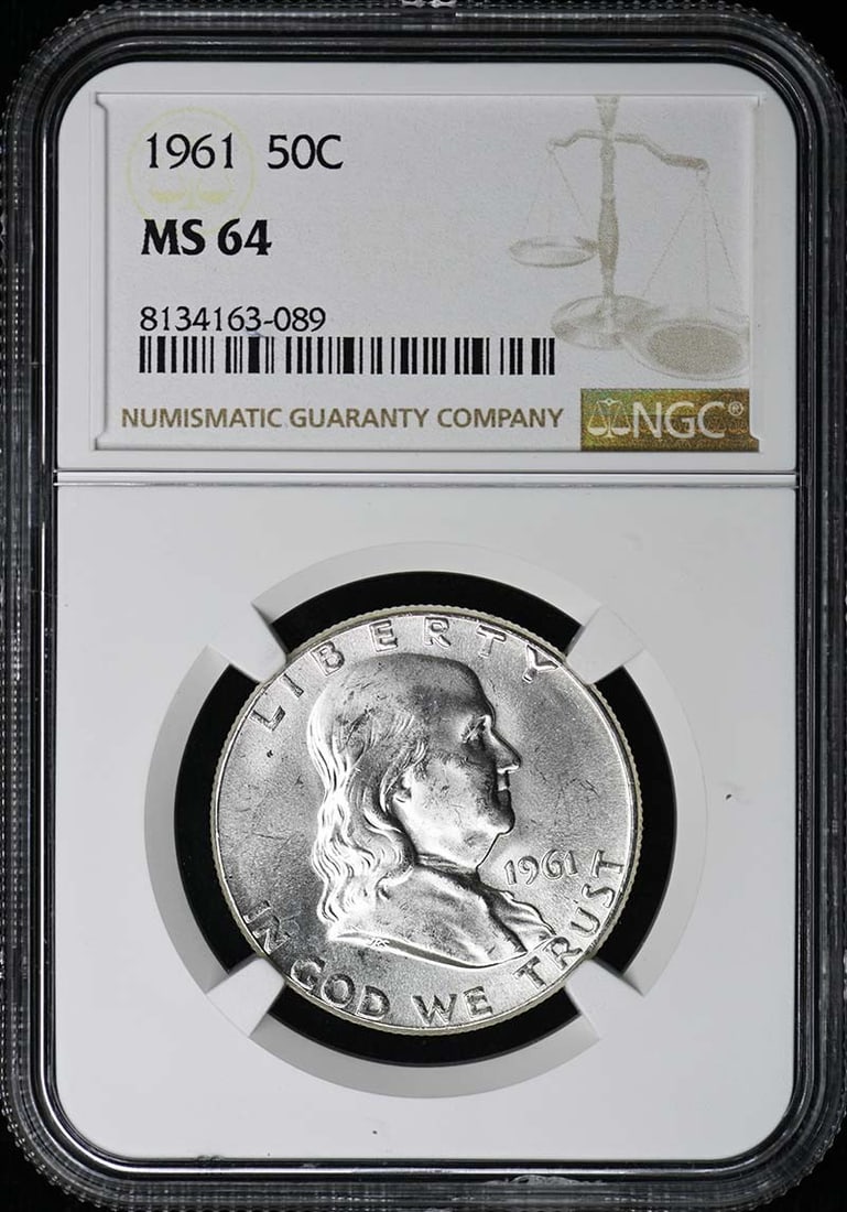 NGC Graded MS64 1961 Franklin 50C Half Dollar Coin: NGC Graded MS64 1961 Franklin 50C Half Dollar Coin This 1961 Franklin Half Dollar 50C has been certified by NGC with a grade of MS64. It is an uncirculated coin minted in Philadelphia and originates f