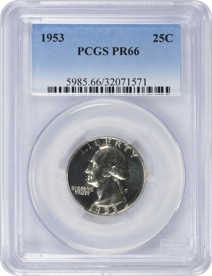 1953 Washington Quarter PR66 PCGS Proof 90% Silver Uncirculated: 1953 Washington Quarter PR66 PCGS Proof 90% Silver Uncirculated This 1953 Washington Quarter is certified by PCGS with a grade of PR66, indicating its high quality as a proof coin. Struck at the Phila