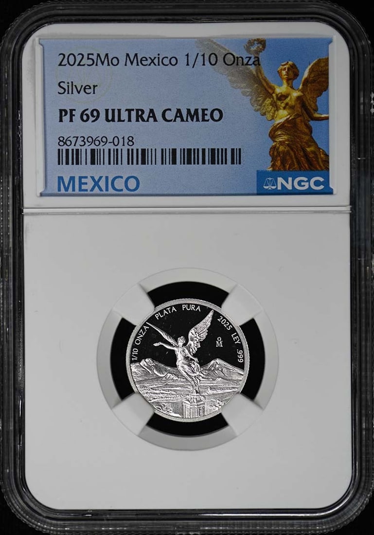 2025 Mexico Libertad 1 10 Onza Silver NGC PF69UC: 2025 Mexico Libertad 1 10 Onza Silver NGC PF69UC This 2025 Mo Mexico 1/10 Onza Libertad silver coin has been graded PF69 Ultra Cameo by NGC, indicating a high-quality, uncirculated condition. With a l
