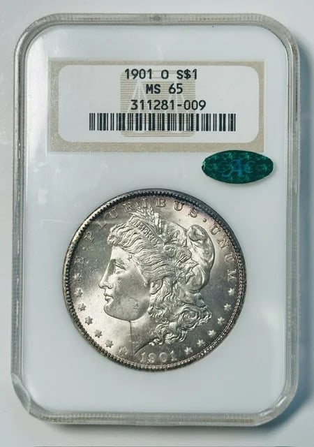 1901-O Morgan Dollar NGC MS-65 CAC Old Fatty Slab: 1901-O Morgan Dollar NGC MS-65 CAC Old Fatty Slab This 1901 O Morgan Silver Dollar is graded MS-65 by NGC and features CAC approval. Housed in an old 'fatty' slab known as a 'chip holder,' this coin w