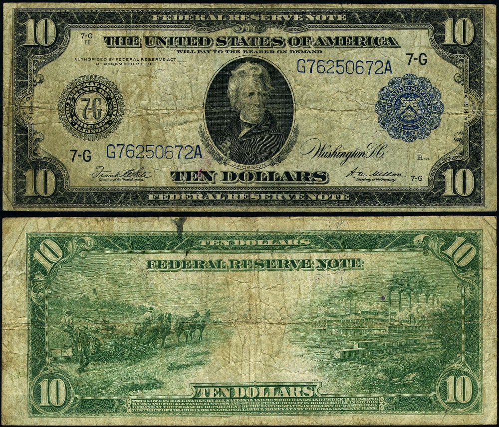 1914 $10 Chicago Federal Reserve Note FR. 931 A Circulated: 1914 $10 Chicago Federal Reserve Note FR. 931 A Circulated This 1914 Federal Reserve Note, Series FR. 931 A, is a $10 denomination from the Chicago branch. The note is in Fine condition, showcasing or