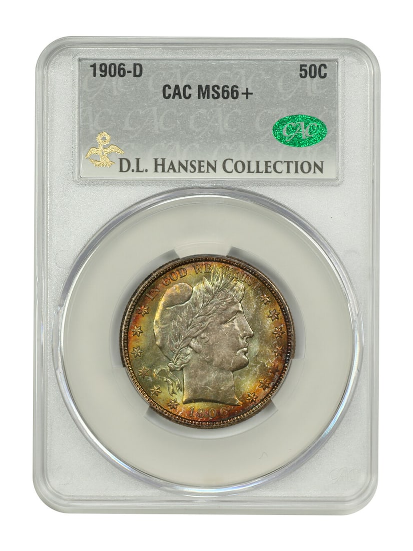 1906-D 50C CACG MS66+ Barber Half Dollar D.L. Hansen Collection: 1906-D 50C CACG MS66+ Barber Half Dollar D.L. Hansen Collection This 1906-D 50C CACG MS66+ Barber Half Dollar is an exquisite find for collectors. Graded Uncirculated with a remarkable MS66+ rating, t