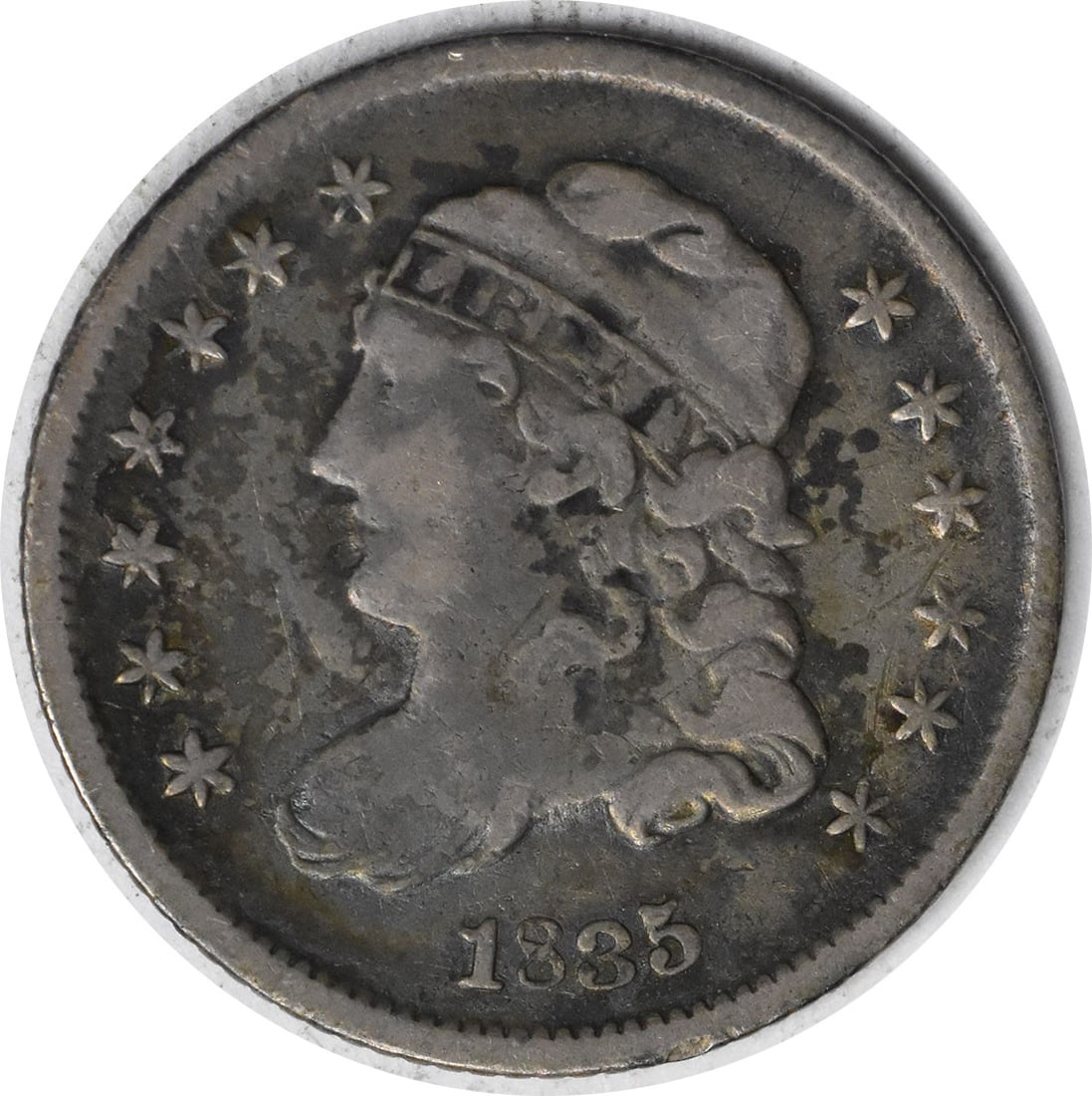 1835 Capped Bust Silver Half Dime VF Uncertified 89.2% Silver: 1835 Capped Bust Silver Half Dime VF Uncertified 89.2% Silver This 1835 Bust Silver Half Dime is a remarkable piece for collectors, featuring a Capped Bust design by William Kneass. With a grade of VF
