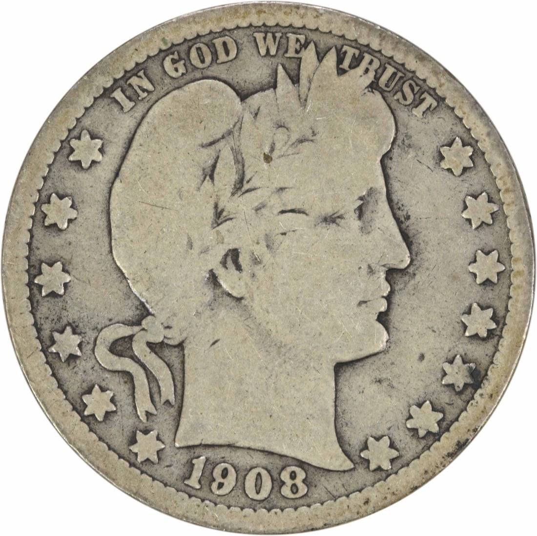 1908-S Barber Silver Quarter 25C G Circulated Uncertified: 1908-S Barber Silver Quarter 25C G Circulated Uncertified This 1908-S Barber Silver Quarter is a notable piece of American numismatic history. Struck in San Francisco, this coin features a composition