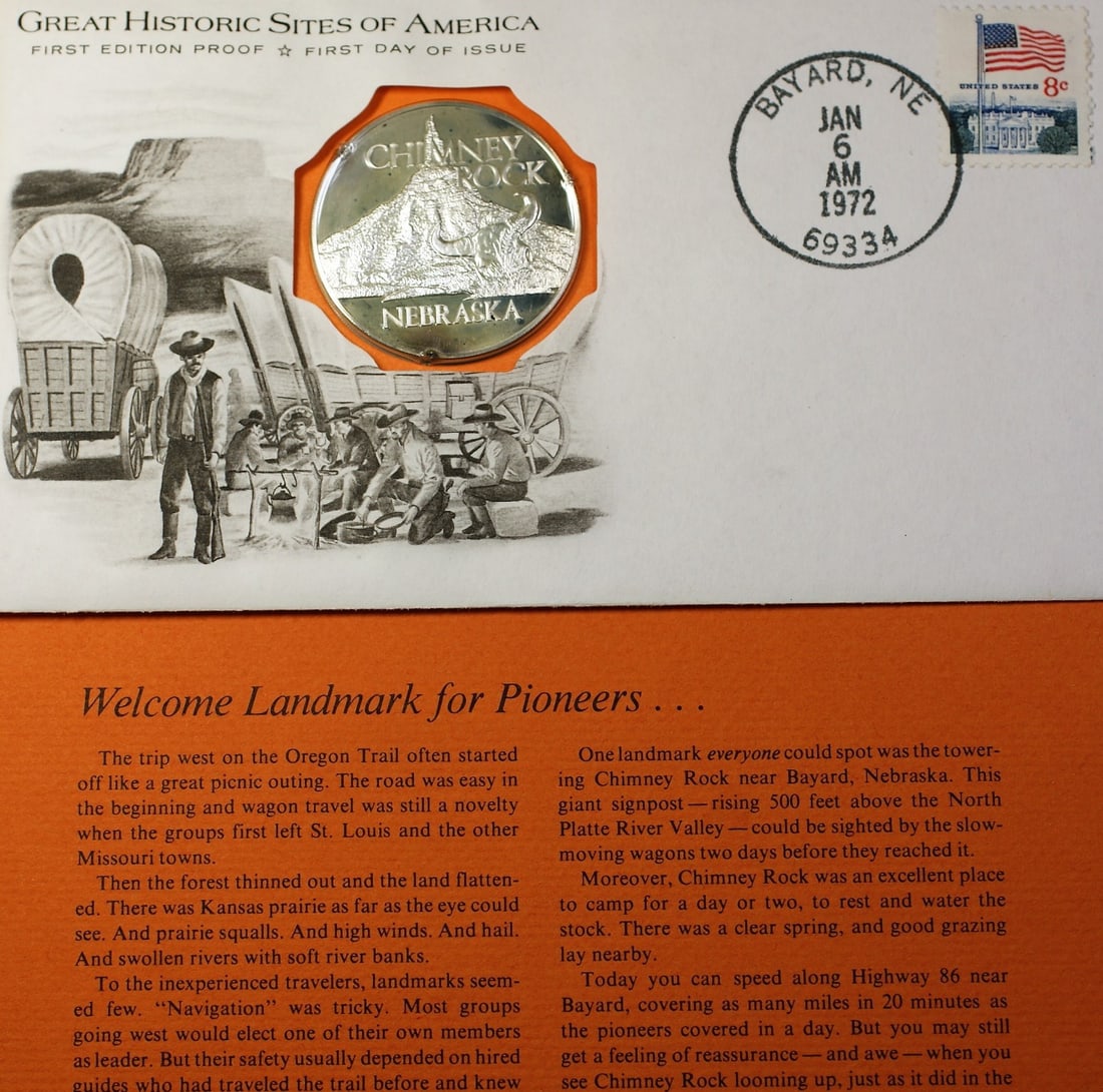 Franklin Mint Chimney Rock Nebraska Sterling Silver Proof Medal First Day Cover: Franklin Mint Chimney Rock Nebraska Sterling Silver Proof Medal First Day Cover This is a 1972 Chimney Rock Nebraska Great Historic Sites Medal, struck in proof quality by the Franklin Mint. Crafted f