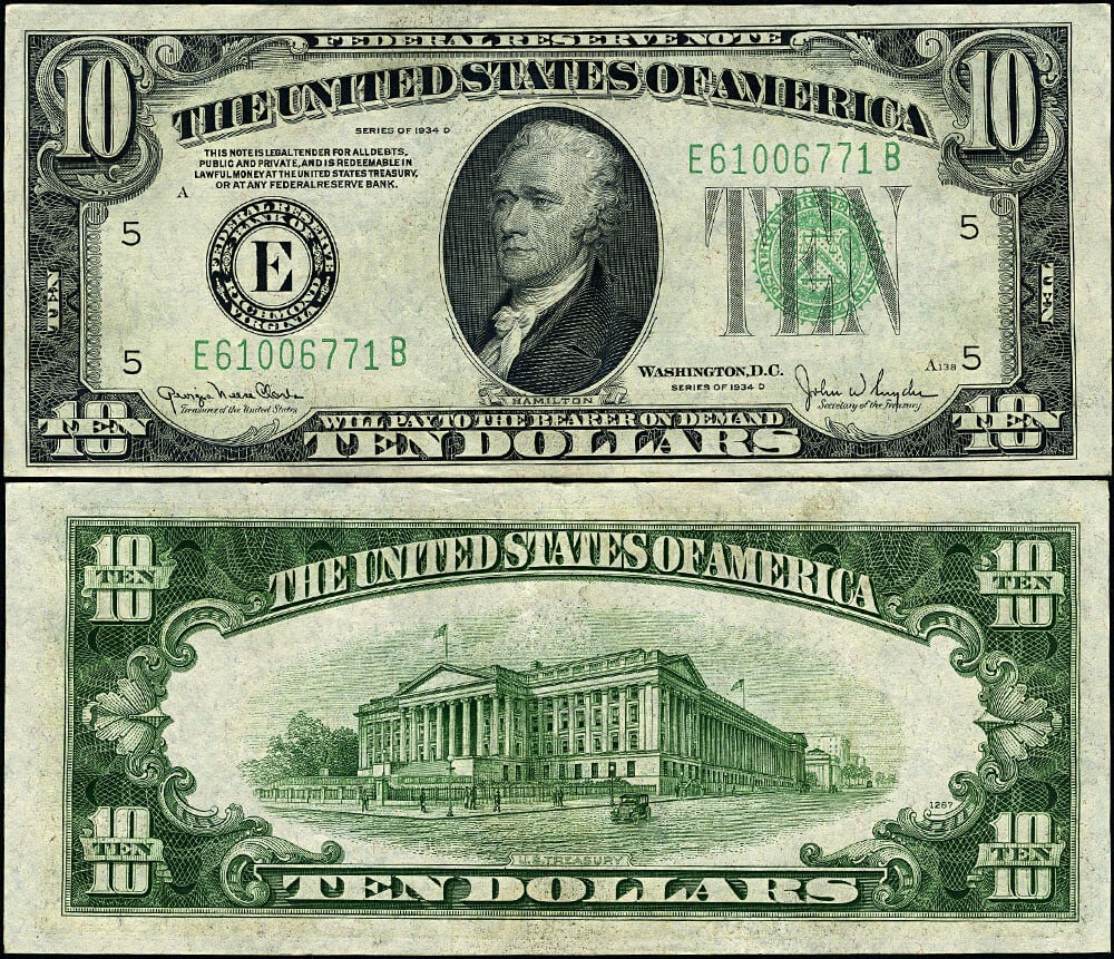 1934-D $10 Federal Reserve Note Richmond E-B Block AU Plus (1 of 3)