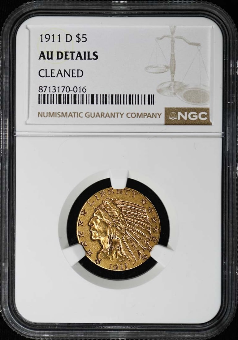 1911 Denver Mint Indian Five Dollar Gold Coin NGC AU Details: 1911 Denver Mint Indian Five Dollar Gold Coin NGC AU Details This is a 1911-D Indian $5 gold coin graded as AU Details by NGC. The coin was minted in Denver and is uncirculated. It is a pre-owned coll