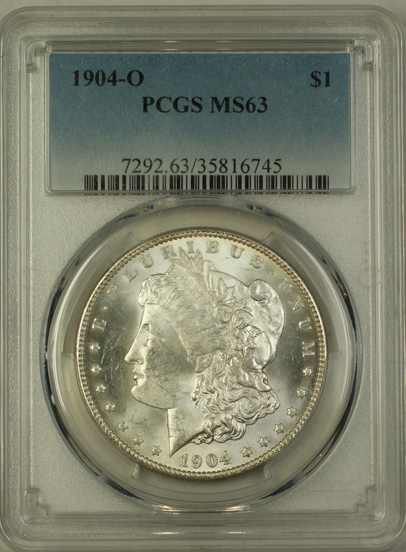 PCGS MS-63 1904-O Morgan Silver Dollar Uncirculated $1 Coin: PCGS MS-63 1904-O Morgan Silver Dollar Uncirculated $1 Coin This 1904-O Morgan Silver Dollar is a $1 coin from the United States, minted in New Orleans. It is composed of silver and graded MS 63 by PC