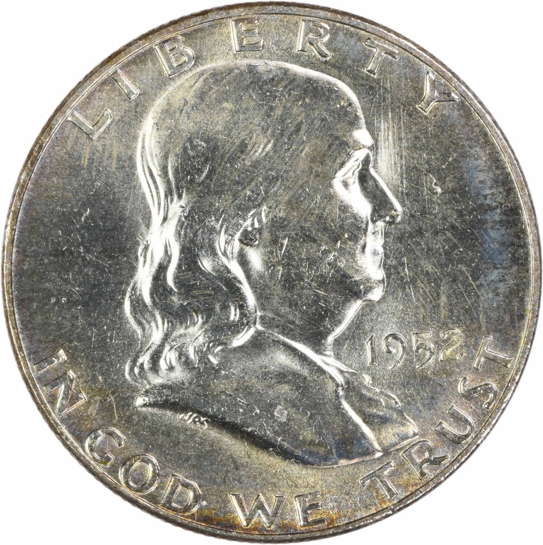 1952-D Franklin 50C Silver Half Dollar Uncertified AU: 1952-D Franklin 50C Silver Half Dollar Uncertified AU This 1952-D Franklin Half Dollar is a circulated coin featuring the Denver mint mark. Struck in 90% silver and 10% copper, it was designed by John