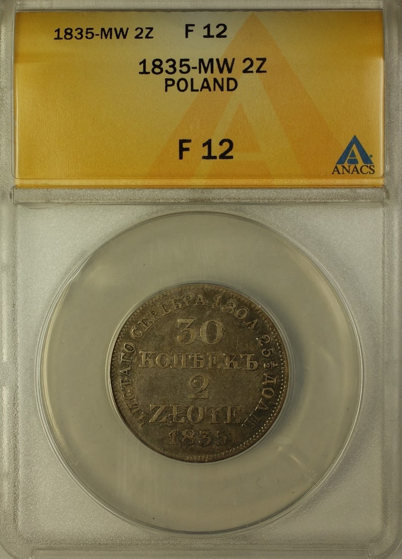 ANACS F-12 Certified 1835 Silver 2 Zlote Coin From Poland: ANACS F-12 Certified 1835 Silver 2 Zlote Coin From Poland This 1835-MW Poland 2 Zloty coin is composed of silver with a fineness of 0.868. Certified by ANACS with a grade of F-12, this pre-owned coin 
