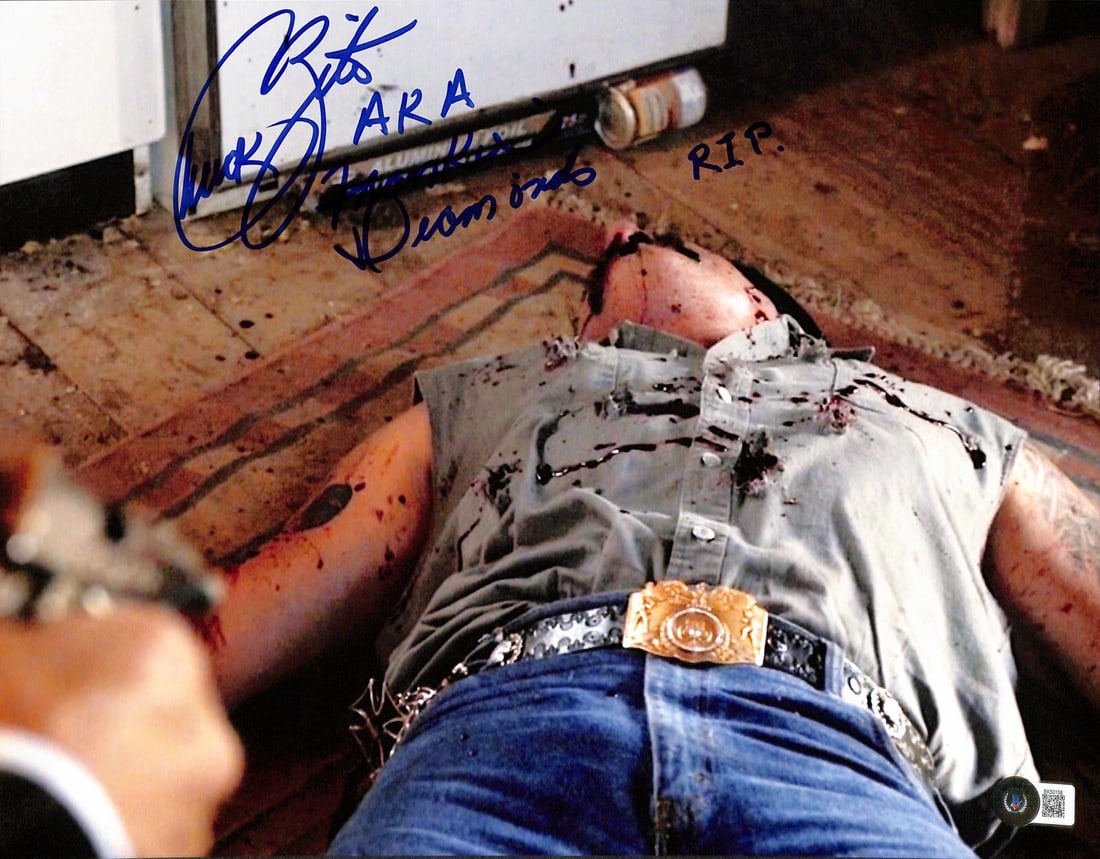 Chuck Zito Signed 11x14 Sons of Anarchy Photo Beckett Certified: Chuck Zito Signed 11x14 Sons of Anarchy Photo Beckett Certified This striking 11x14 photograph features Chuck Zito, known for his role as "Frankie Diamonds" in the acclaimed TV series Sons of Anarchy.