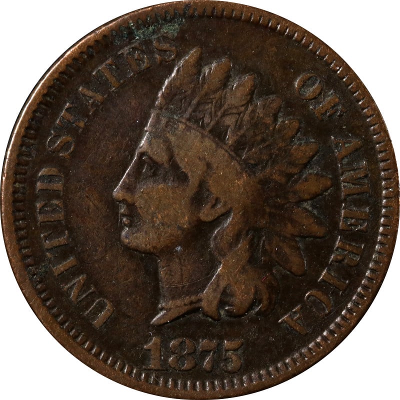 1875 Copper United States Indian Cent Circulated Condition: 1875 Copper United States Indian Cent Circulated Condition This is an 1875 Indian Cent from the United States, composed of copper. The coin is circulated and uncertified, and is in pre-owned condition