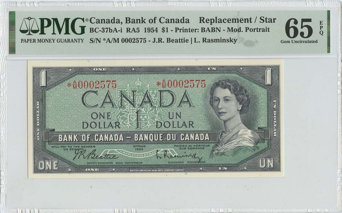 1954 $1 Bank of Canada A/M Replacement Star BC-37bA-i PMG MS65: 1954 $1 Bank of Canada A/M Replacement Star BC-37bA-i PMG MS65 This 1954 $1 Bank of Canada A/M Replacement Star note (BC-37bA-i) is a remarkable piece for collectors, graded MS65 by PMG, indicating it