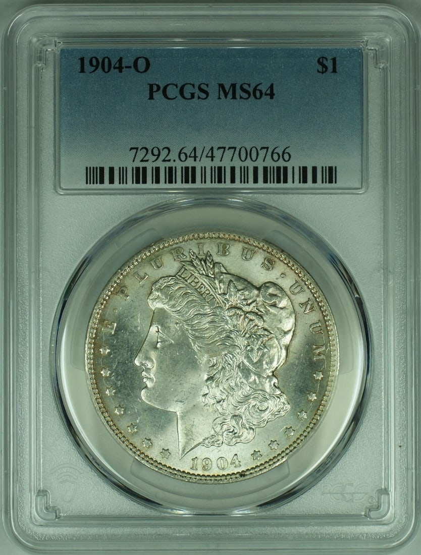 PCGS MS64 1904-O Morgan Silver Dollar Certified Uncirculated $1 Coin: PCGS MS64 1904-O Morgan Silver Dollar Certified Uncirculated $1 Coin This is a 1904-O Morgan Silver Dollar coin from the United States, featuring a PCGS certification with an MS 64 grade. The coin is 