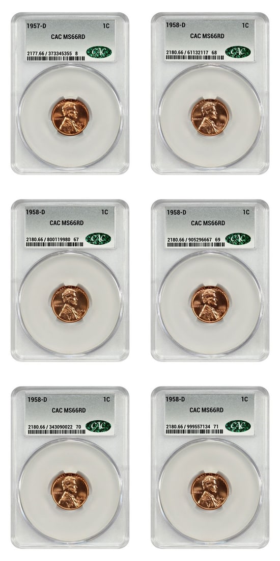 CACG MS66RD Lincoln Wheat Cents 6 Coin 1957-D 1958-D Lot: CACG MS66RD Lincoln Wheat Cents 6 Coin 1957-D 1958-D Lot This lot contains six Lincoln cents, featuring one 1957-D and five 1958-D coins. Each coin is graded MS66RD by CACG. These coins are pre-owned 