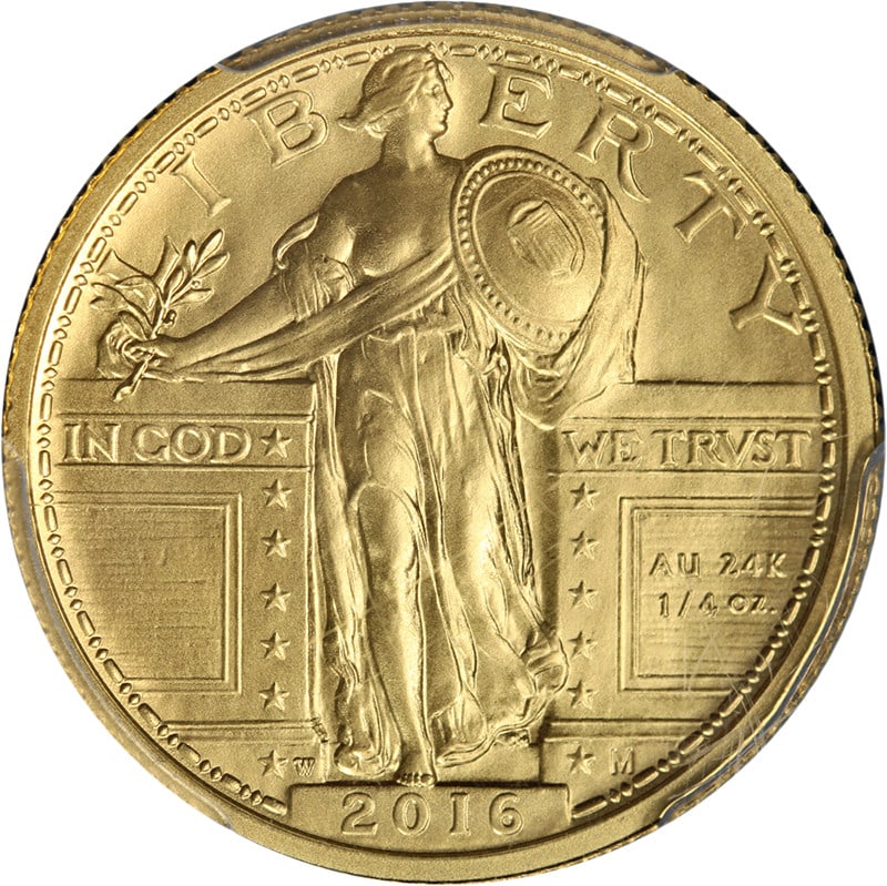 PCGS SP70 2016-W Gold Standing Liberty Quarter 1st Strike: PCGS SP70 2016-W Gold Standing Liberty Quarter 1st Strike This 2016-W Gold Centennial Standing Liberty 25C is a commemorative quarter struck in 0.9999 fine gold. Graded SP70 by PCGS, it is designated 