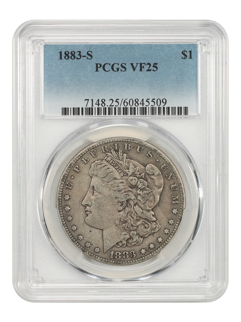 1883-S Morgan Dollar PCGS VF25 San Francisco Key Date: 1883-S Morgan Dollar PCGS VF25 San Francisco Key Date This 1883 Morgan Dollar is graded VF25 by PCGS and originates from the San Francisco Mint. It is a pre-owned coin and represents a key date for co