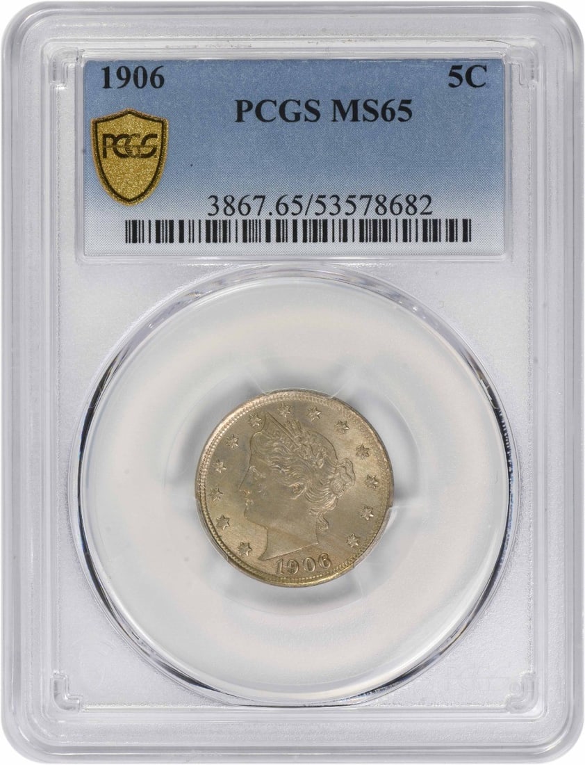 PCGS MS65 1906 Liberty Head Nickel Uncirculated 5C United States Coin: PCGS MS65 1906 Liberty Head Nickel Uncirculated 5C United States Coin This is a 1906 Liberty Nickel graded MS65 by PCGS. The coin is uncirculated, composed of nickel, and has no mint mark. It features