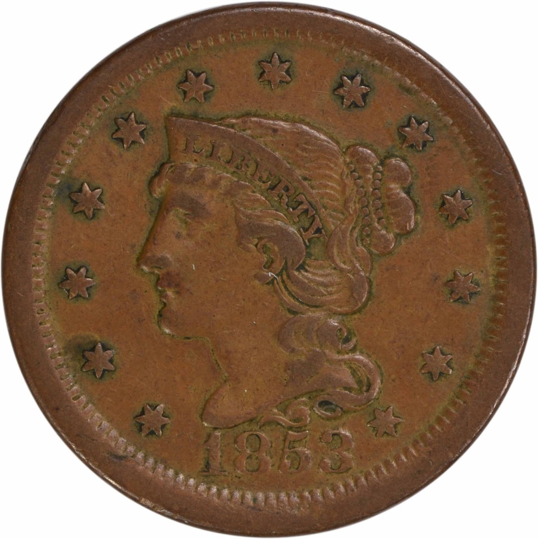 1853 Braided Hair Large Cent Copper EF Uncertified: 1853 Braided Hair Large Cent Copper EF Uncertified This 1853 Large Cent features a Braided Hair design by Christian Gobrecht, showcasing the historical craftsmanship of its time. Minted in Philadelphi