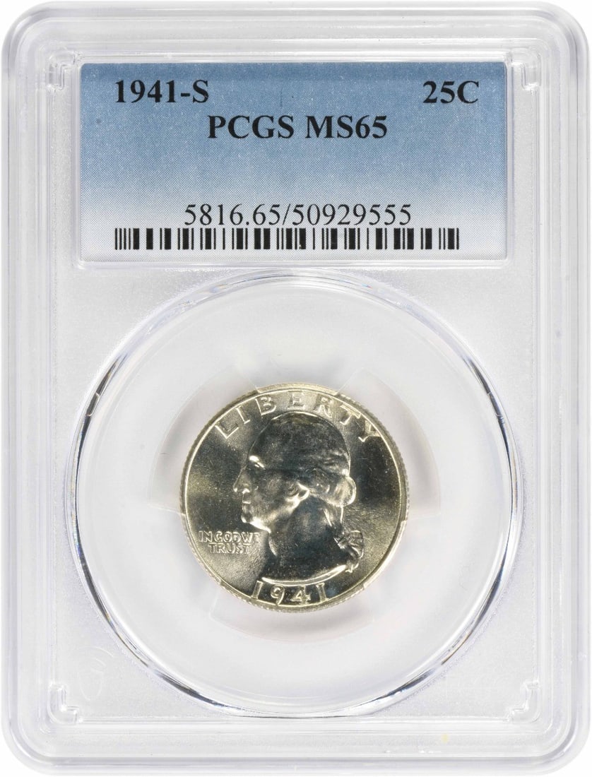 PCGS MS65 1941-S Washington 25C Silver Coin: PCGS MS65 1941-S Washington 25C Silver Coin This is a 1941-S Washington Silver Quarter graded MS65 by PCGS. The coin is uncirculated and composed of silver, originating from the United States. It is a