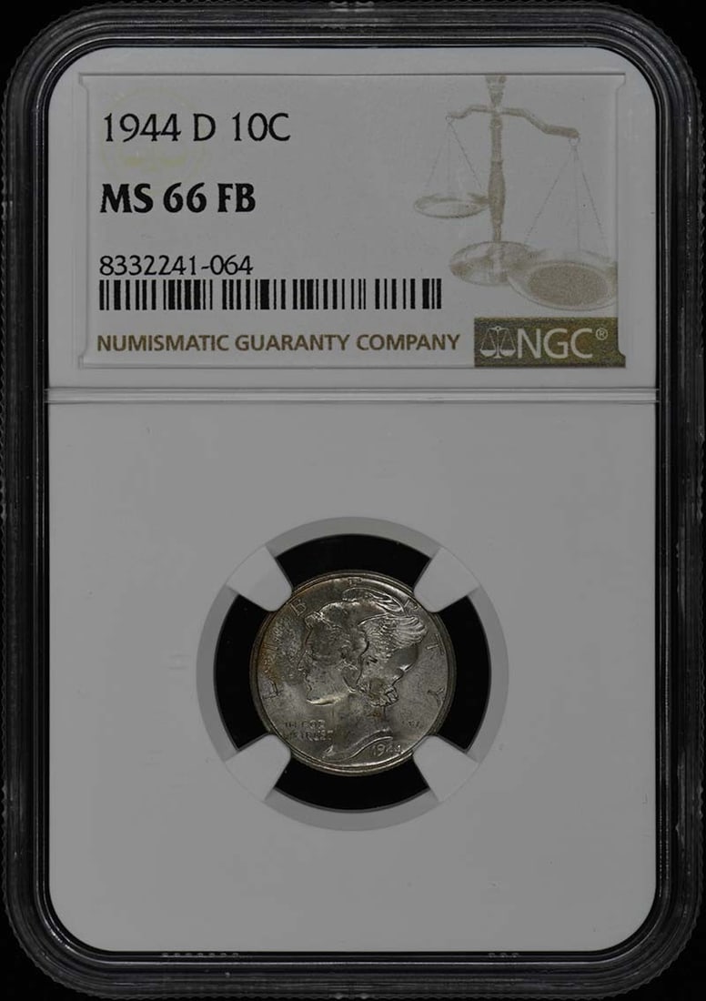 1944-D Mercury Dime 10C NGC MS66FB Uncirculated Coin: 1944-D Mercury Dime 10C NGC MS66FB Uncirculated Coin This 1944-D Mercury Dime is graded MS66 by NGC, ensuring its excellent condition as an uncirculated coin. Minted in Denver, this dime features the 