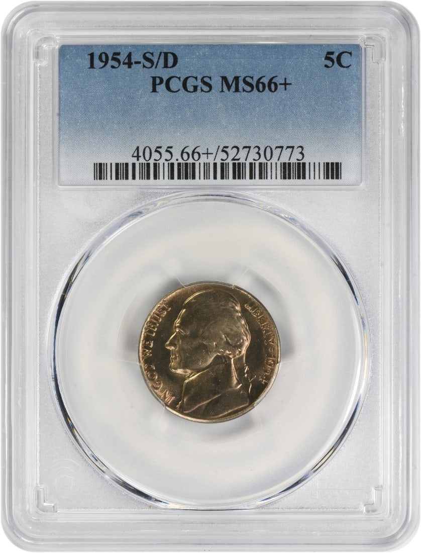 1954-S/D Jefferson Nickel MS66+ PCGS Certified Coin: 1954-S/D Jefferson Nickel MS66+ PCGS Certified Coin This 1954-S/D Jefferson Nickel is a stunning example of numismatic artistry, graded MS66+ by PCGS, indicating its exceptional condition. Struck in S